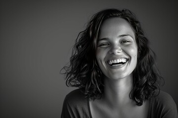 Black and white portrait of a joyful young woman with curly hair smiling against a plain background.