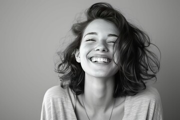 Black and white portrait of a joyful woman with a beaming smile and tousled hair, exuding happiness and carefree vibes.