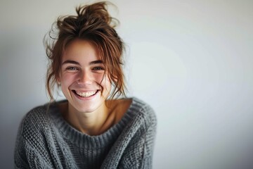 Portrait of a joyful young woman with tousled hair smiling in a cozy sweater, against a light background.