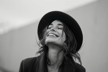 Black and white portrait of a joyful woman wearing a hat, smiling with a blurred background.