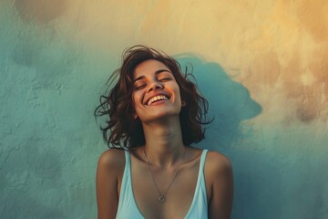 Joyful young woman smiling with closed eyes, basking in sunlight against a textured wall