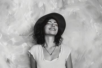 Joyful woman in a hat with a bright smile, black and white portrait