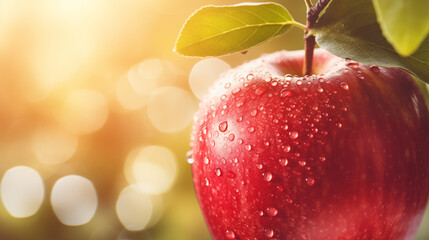 close up red apple with water droplet on peel, premium organic freshness farm product