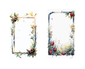 Artistic watercolor frames with vibrant floral elements and ripe berries, ideal for elegant event invitations and personalized branding.