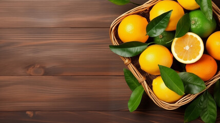 Different fresh citrus fruits and leaves in wicker basket on wooden table, top view. Space for text.