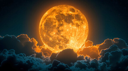 A vibrant yellow full moon shines brightly through the night sky, surrounded by growing dark...