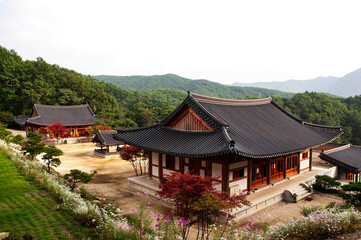 Fototapeta na wymiar Example of traditional Korean temple architecture. A Buddhist temple in Korea. A wooden building with a tiled roof and intricate ornaments adorning its facade stands serenely amidst a tranquil landsca