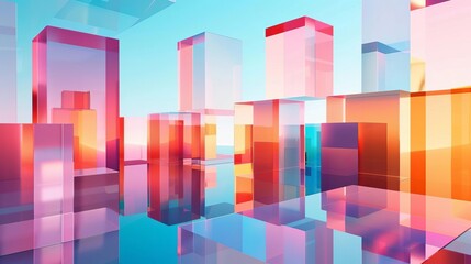 Abstract geometric composition with colorful translucent cubes and reflections, minimalist 3D illustration