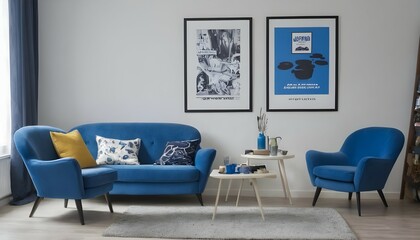 White sofa and blue armchair in living room with posters on the wall - obrazy, fototapety, plakaty