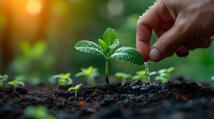 A hand irrigates a seedling with water. Background with selective focus and copy space - obrazy, fototapety, plakaty