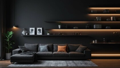 Interior of dark living room with couch, shelving units and glowing lamps