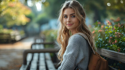 A beautiful young caucasian woman enjoys a serene moment in a lush green park, bathed in sunlight. - obrazy, fototapety, plakaty