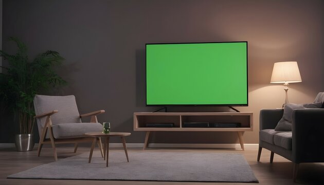 Shot of a TV with Horizontal Green Screen Mock Up. Cozy Evening Living Room with a Chair and Lamps Turned On at Home.