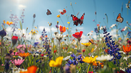 wildflowers field with butterflies for good feeling and beauty of nature concept.