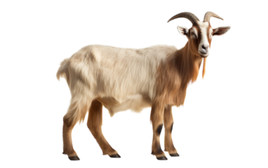 A goat with long horns stands gracefully on a white background