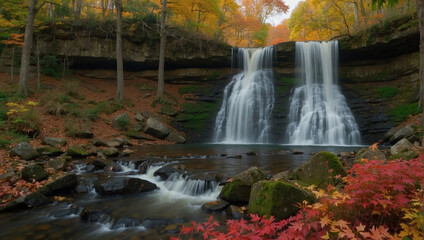 Fototapeta na wymiar waterfall in the forest, waterfall in autumn forest, waterfall in autumn