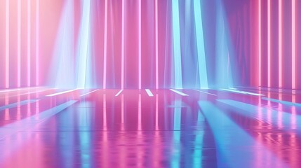 Abstract neon lines background, pink and blue reflection on floor, 3D render