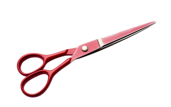 A vibrant red pair of scissors lies on a pristine white background