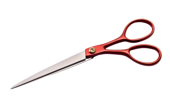 A bright pair of red scissors rests on a pristine white background