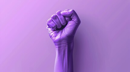 Raised purple fist of a woman for international women's day and the feminist movement. March 8 for feminism, independence, freedom, empowerment, and activism for women rights - obrazy, fototapety, plakaty