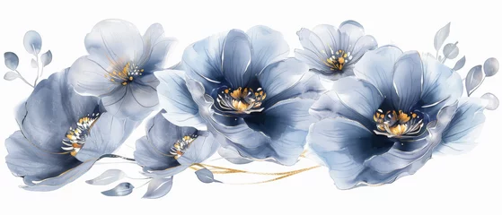 Fotobehang bella acuarela de flores en tonos azules y dorados, sobre fondo blanco para tarjetas de invitaciones de bodas, cumpleaños bautizos y aniversarios © Helena GARCIA