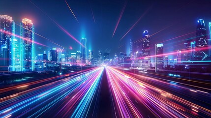 Fototapeta na wymiar Abstract speed light trails in futuristic smart city with neon skyscrapers, motion effect illustration