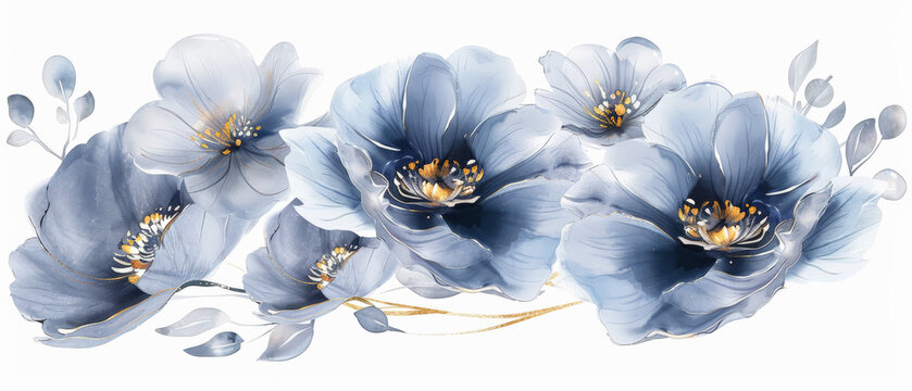 bella acuarela de flores en tonos azules y dorados, sobre fondo blanco para tarjetas de invitaciones de bodas, cumplea&ntilde;os bautizos y aniversarios