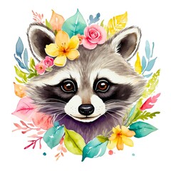 Watercolor illustration portrait of a cute adorable woodland racoon animal with flowers on isolated white background.	
