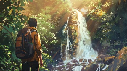 Adventurous hiker with backpack admiring scenic waterfall view in lush forest, outdoor nature exploration, digital illustration