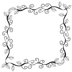 Quadrangular black frame with leaves and swirls in doodle style on a white background
