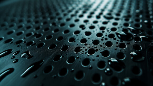 Ciemne tło z materiału PVC, z wydrążonymi dziurami, pokryte kroplami wody