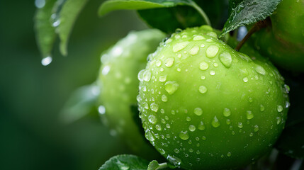 Zielone jabłka pokryte wielkimi kroplami deszczu - obrazy, fototapety, plakaty