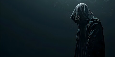 A mysterious figure in a dark hooded cloak stands in shadows barely visible in dim light. Concept Dark Figures, Mystery, Shadows, Hooded Cloak