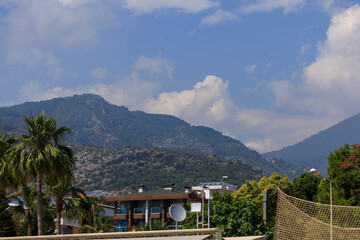 Beautiful houses and city streets, public place in Turkey, on a summer sunny day