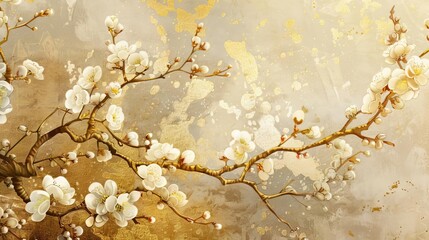 Ancient oriental golden plum blossom paintings, luxurious Asian classical art with intricate leaf texture, traditional illustration