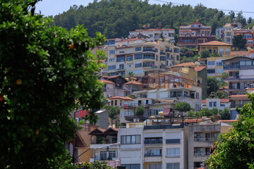 Beautiful houses and city streets, public place in Turkey, on a summer sunny day