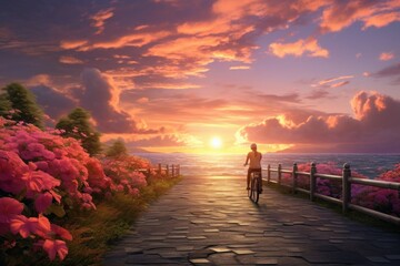 Road with flowers on the background of sunset