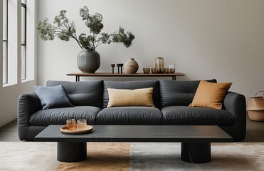 Interior design of modern apartment with black sofa, table home plants and decoration. Interior mockup. Scandinavian interior design. Generative AI