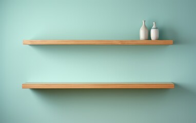 Two empty wooden shelves leaning against a blue wall - obrazy, fototapety, plakaty