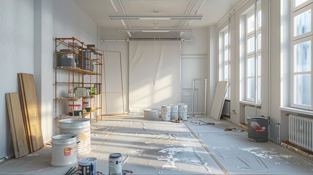 Room prepared for painting with tools and light