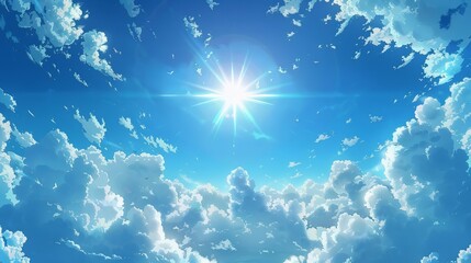 Fototapeta na wymiar Awe-inspiring sky illuminated by the sun's rays, with fluffy clouds drifting slowly across the vivid blue expanse