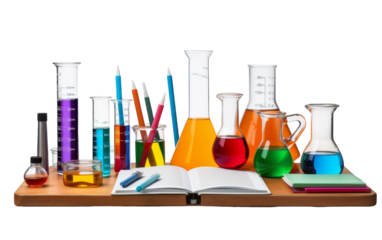 Colorful flasks atop a wooden table in a mesmerizing display of art and science