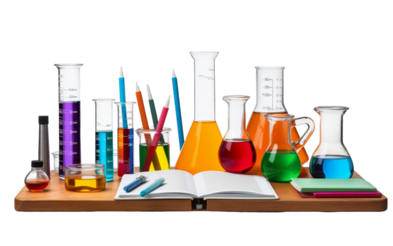 Colorful flasks atop a wooden table in a mesmerizing display of art and science