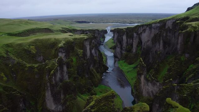 Aerial video of Laki Crater area. A volcanic crater covered in green moss. Iceland