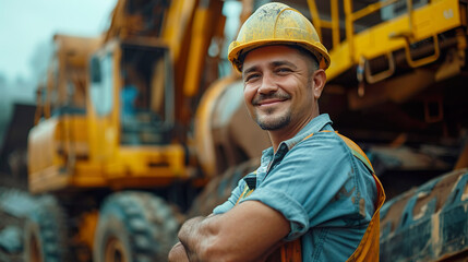 Confident Construction Worker with Excavator
 - obrazy, fototapety, plakaty