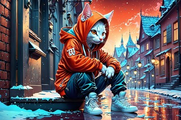 A cat wearing sunglasses and red shoes is standing on a wet sidewalk
