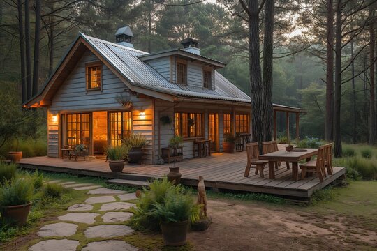 Stylish everning summer exterior concept with wooden cabin house in the forest. Generative AI