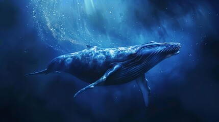 Blue whale gracefully swimming through the deep ocean waters, majestic marine life digital painting - obrazy, fototapety, plakaty