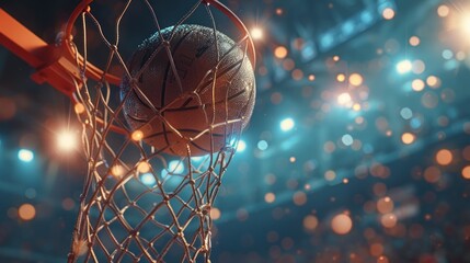 Dramatic view of basketball swishing through a net.