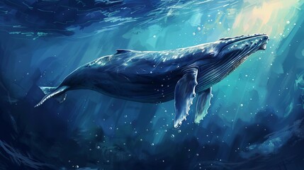 Fototapeta premium Blue whale gracefully swimming through the deep ocean waters, majestic marine life digital painting